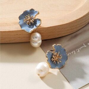 Gold & Blue Floral Pearl Drop Earrings - Women Jewelry